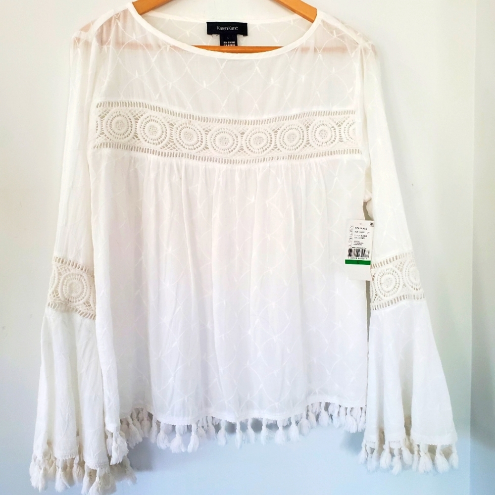 NWT KAREN KANE L White Embroidered Tassel Top Cotton Bell Sleeve Boho Coastal - Picture 3 of 14